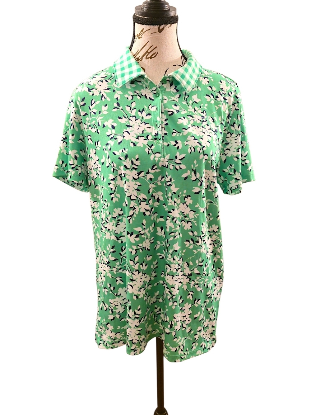 Draper James Green Floral Polo with Gingham Collar